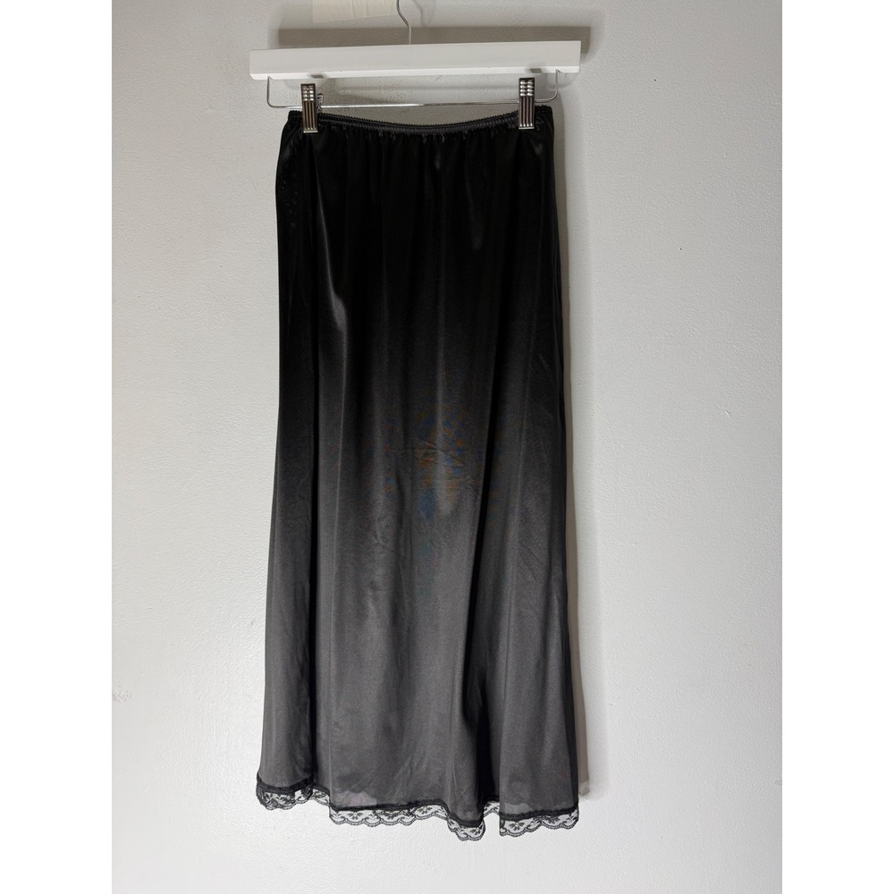 Vintage warners black nylon midi slip skirt lace trim medium USA